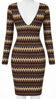 Gibiu Neutral Tones Chevron 2XL Bodycon Dress Long Sleeve V-Neck Midi Stretch